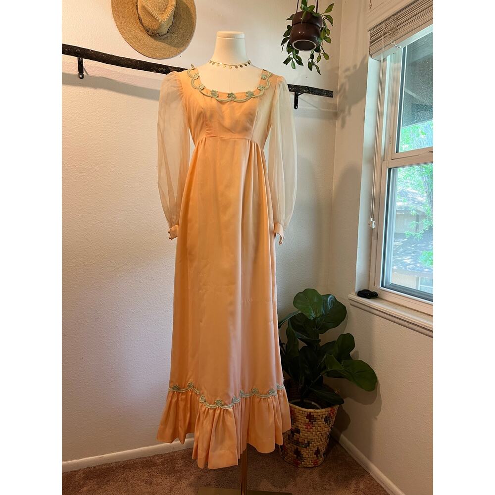 Vintage 60s Peach Green Floral Trim Princess Puffed Long Sleeve Dress Size Small - Picture 15 of 15